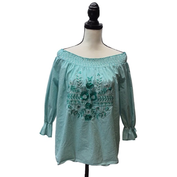 Grand & Greene Womens Boho Striped Embroidered Peasant Top Size Medium - Picture 1 of 7